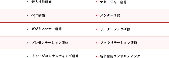 新入社員研修/マネージャー研修/OJT研修/ビジネスマナー研修/リーダーシップ研修/プレゼンテーション研修/ファシリテーション研修/イメージコンサルティング研修/新卒採用コンサルティング